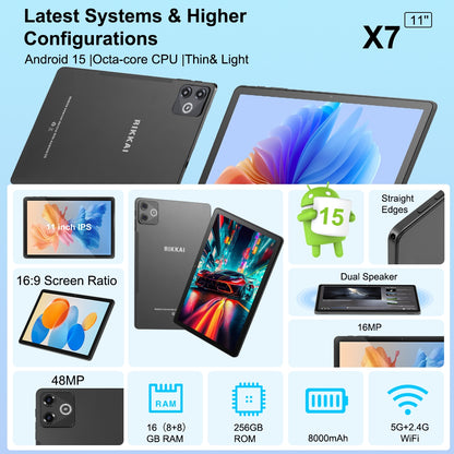 Rikkai X7 Tablet 11", Android 15, 16GB RAM 256GB ROM, Wi-Fi 8000mAh Battery, 3000x1440 HD IPS Touchcreen Display, Bluetooth5.0