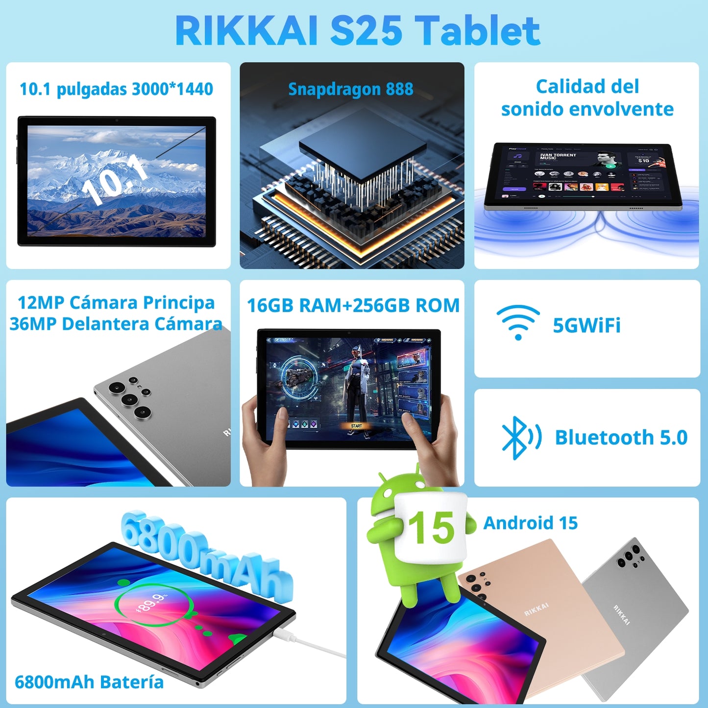 Tableta S25 de 10.1 pulgadas con Android 15, 16 GB de RAM, 256 GB de almacenamiento expandible hasta 1 TB, pantalla táctil IPS HD de 3000 x 1440, batería de 8800 mAh, Bluetooth 5.0