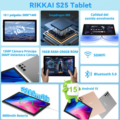 Tableta S25 de 10.1 pulgadas con Android 15, 16 GB de RAM, 256 GB de almacenamiento expandible hasta 1 TB, pantalla táctil IPS HD de 3000 x 1440, batería de 8800 mAh, Bluetooth 5.0