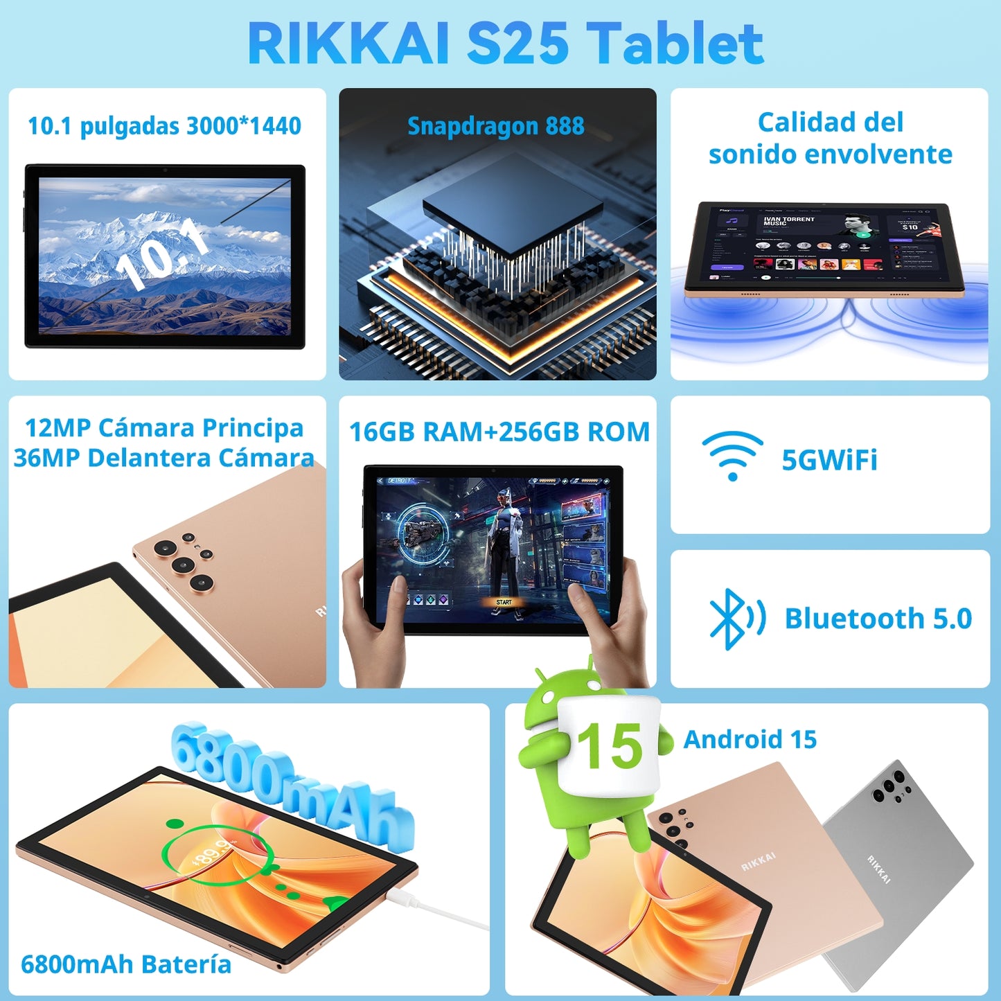 Tableta S25 de 10.1", Android 15, 16 GB de RAM, 256 GB de almacenamiento expandible hasta 1 TB, pantalla táctil IPS HD de 3000 x 1440, batería de 8800 mAh, Bluetooth 5.0